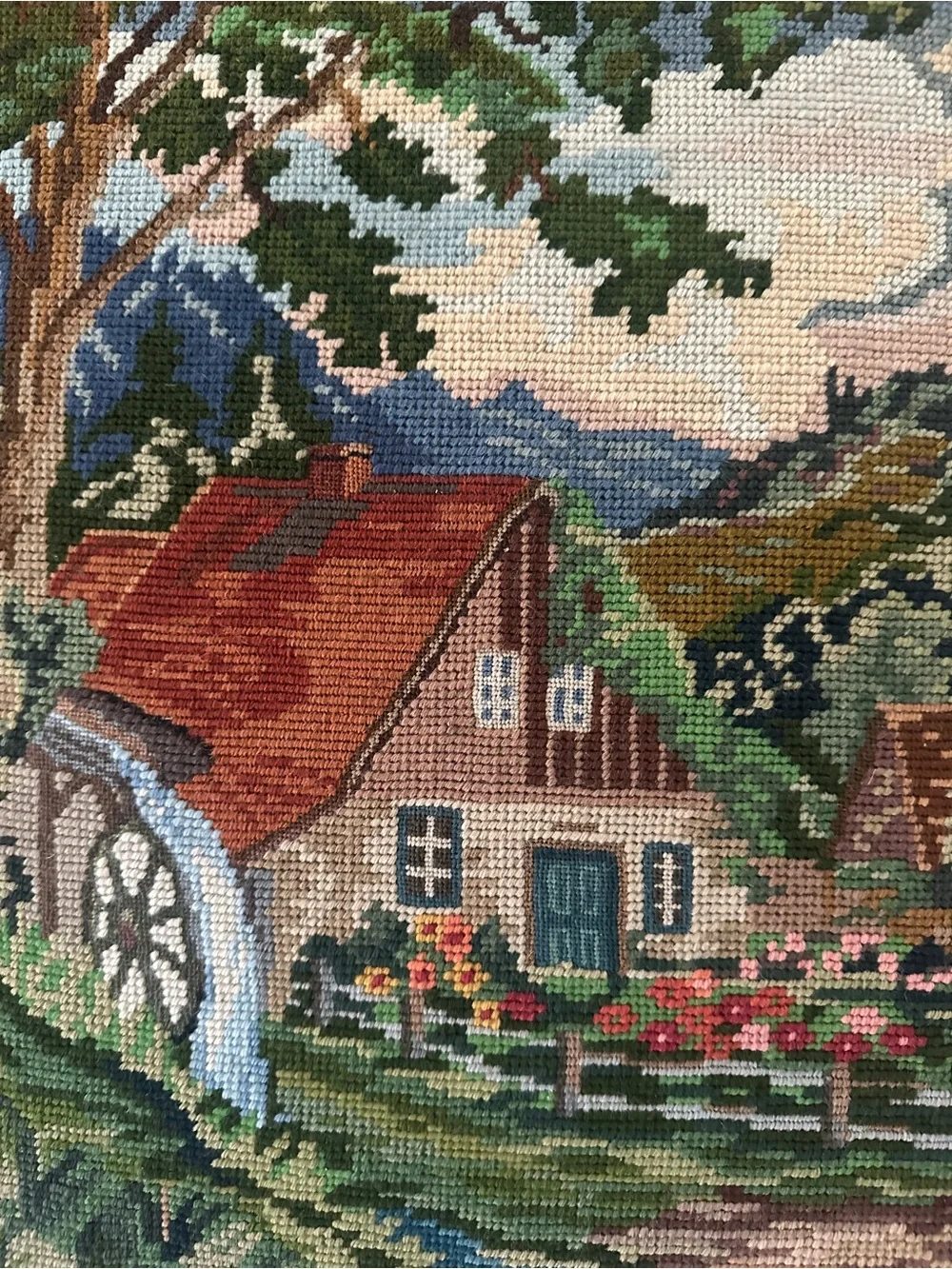 VINTAGE Handcrafted Needlepoint Rustic Waterwheel 16”x 20”